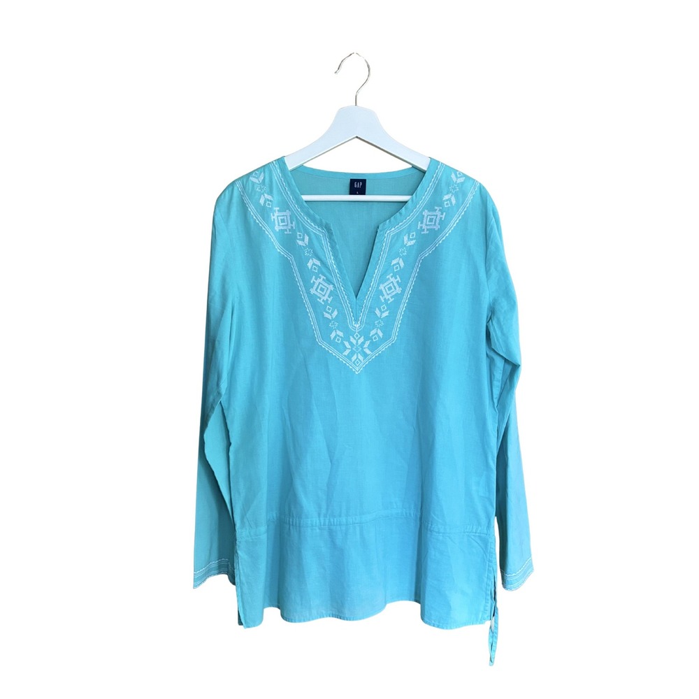 Gap Womens L Tunic Top Turquoise Blue Cotton Embroidered V-Neck Long Sleeve Boho - Picture 1 of 4